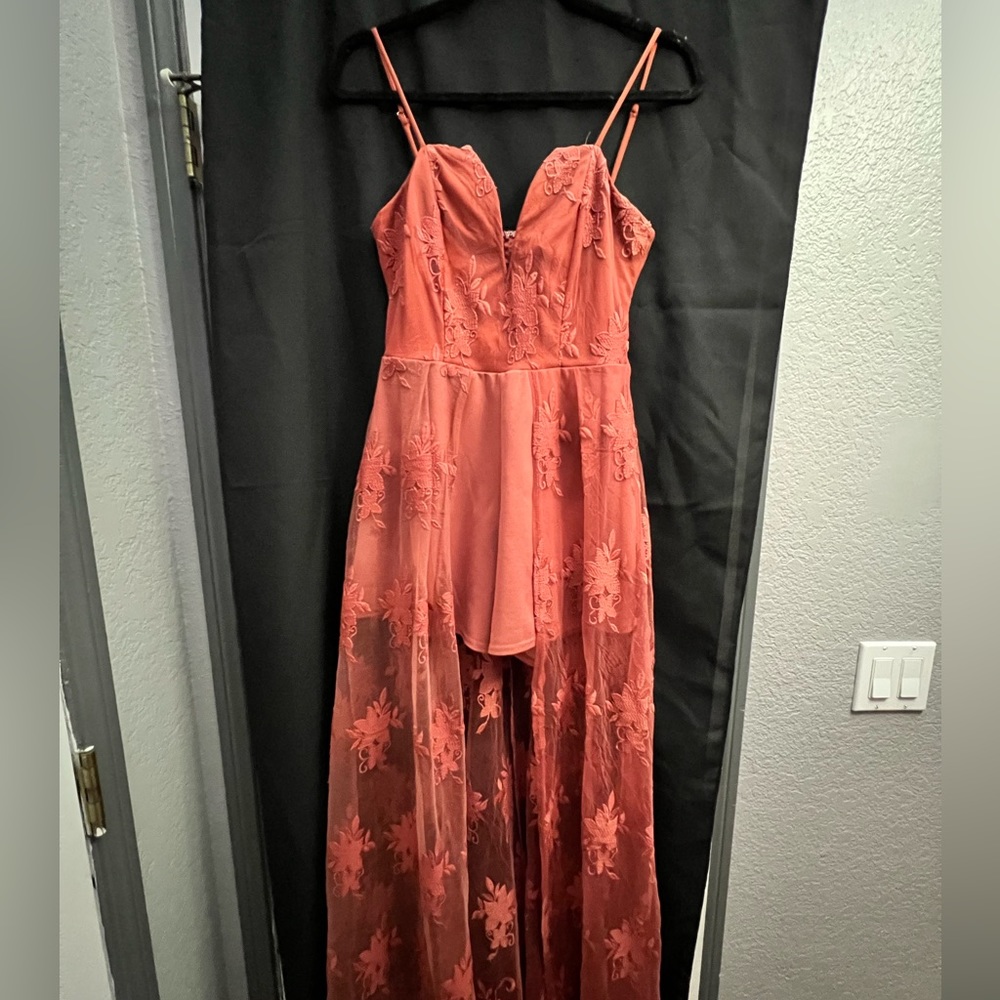 rust colored long romper dress
